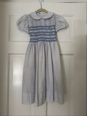 Classic White and Blue Smocked Kids' Dress